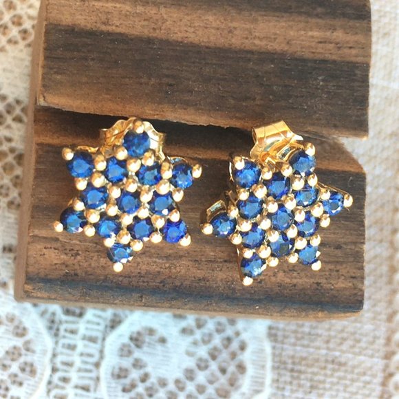 Natural Sapphire Earrings Star Of David 9K Yellow Gold Studs Australian Gems - Picture 3 of 15